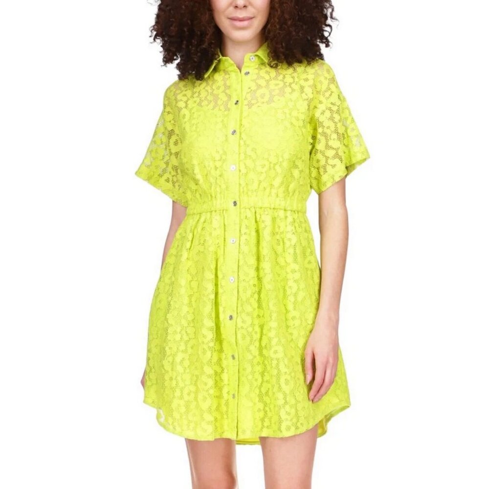 MICHAEL KORS Woman Green Point Collar Embellished Lace Cocktail Shirt Mini Dress